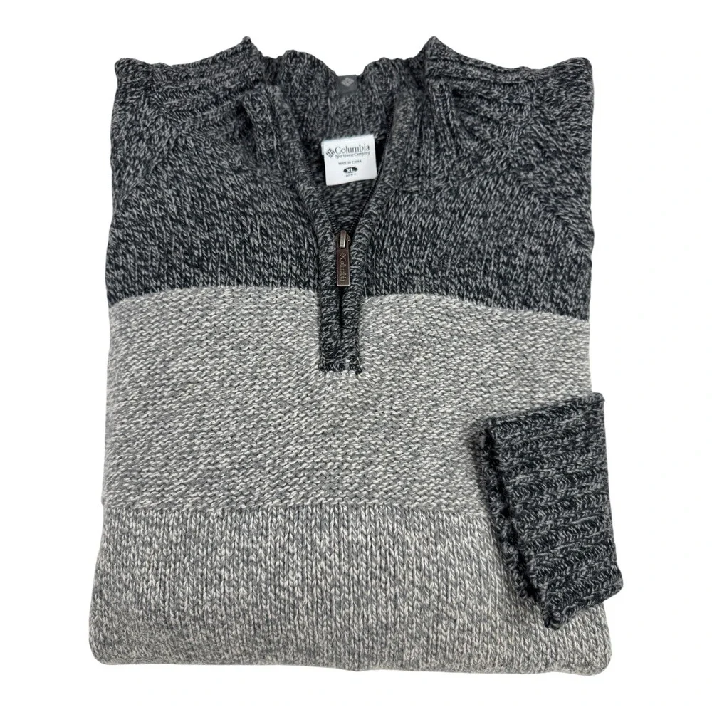 Columbia Mens Grey Colorblock Quarter Zip Cotton Wool Blend Sweater XL EUC